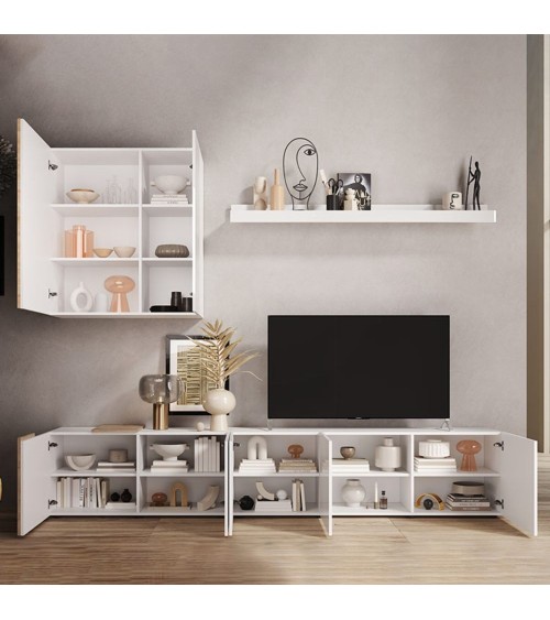 Parete attrezzata Sabry 301 cm bianco lucido rovere Kadiz