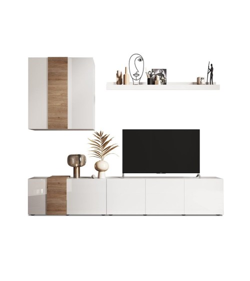 Parete attrezzata Sabry 301 cm bianco lucido rovere Kadiz