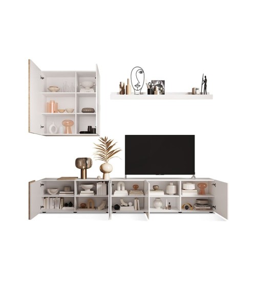 Parete attrezzata Sabry 301 cm bianco lucido rovere Kadiz