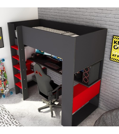 Letto a castello 5050 antracite rosso con scrivania