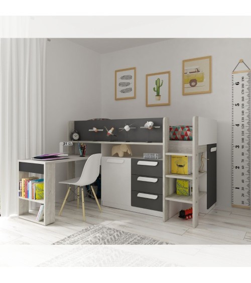 Letto a soppalco 6020 bianco antracite con scrivania estraibile reversibile