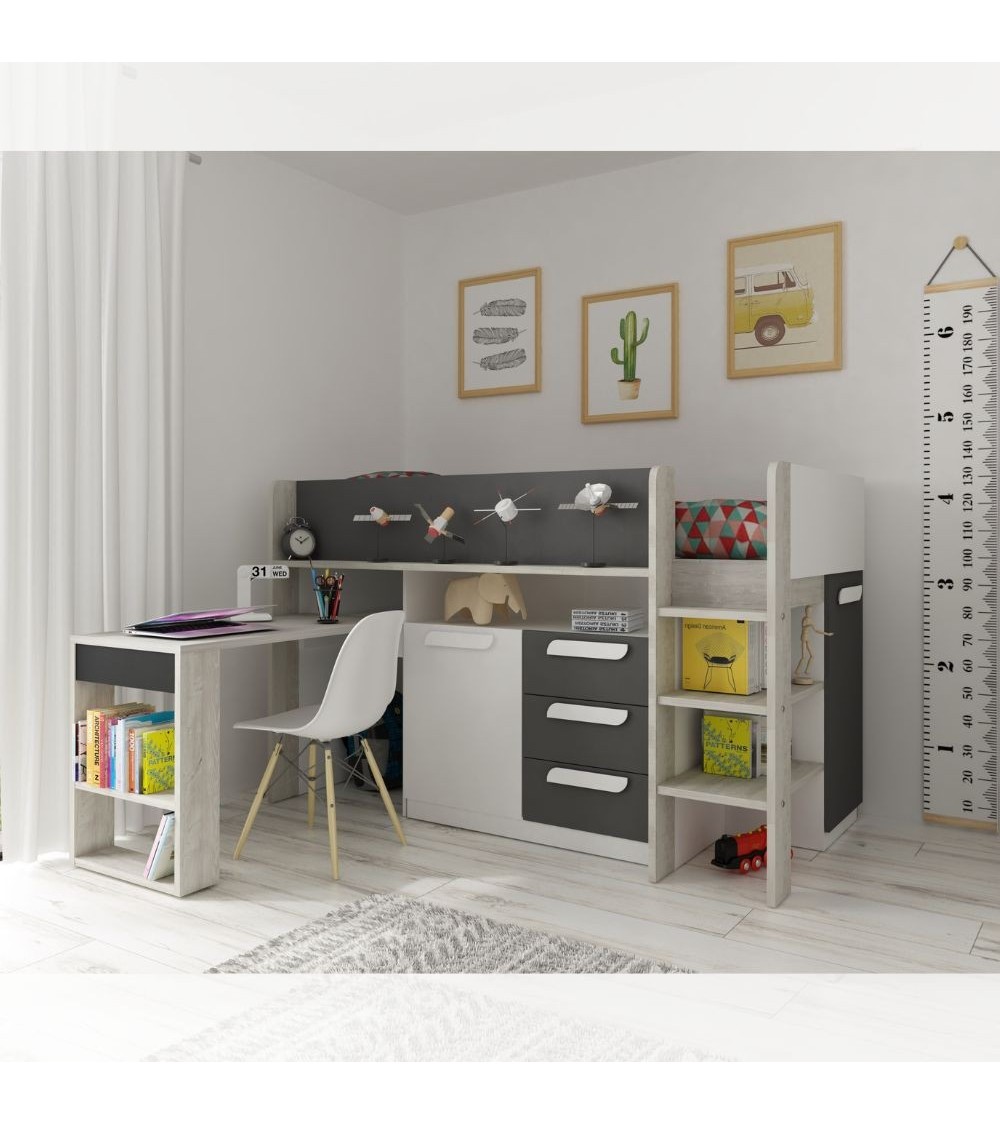 Letto a soppalco 6020 bianco antracite con scrivania estraibile reversibile