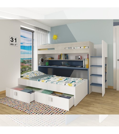 Letto a castello 6070 bianco celeste con scrivania estraibile