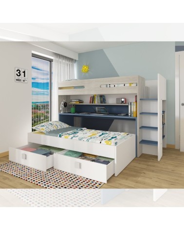 Letto a castello 6070 bianco celeste con scrivania estraibile