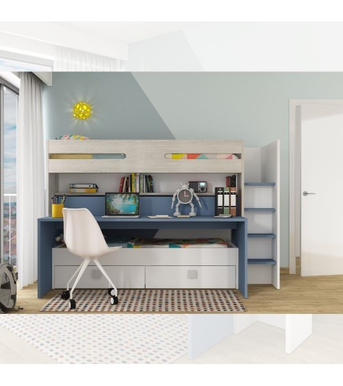 Letto a castello 6070 bianco celeste con scrivania estraibile