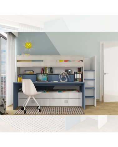 Letto a castello 6070 bianco celeste con scrivania estraibile