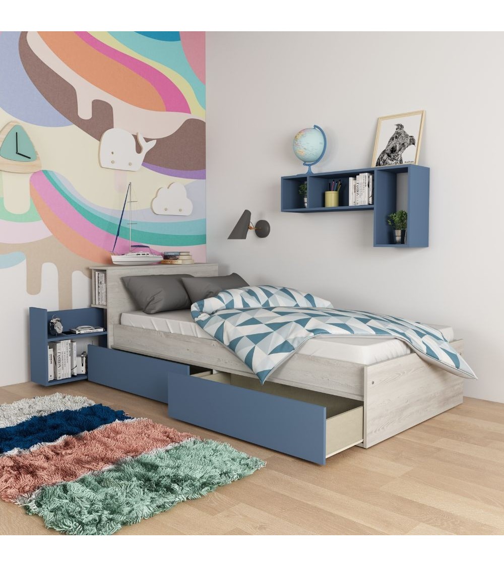 Letto singolo 1660 bianco celeste con comodino estraibile