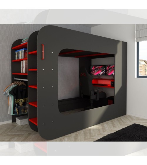 Letto a soppalco 5000 con postazione gamer reversibile antracite rosso