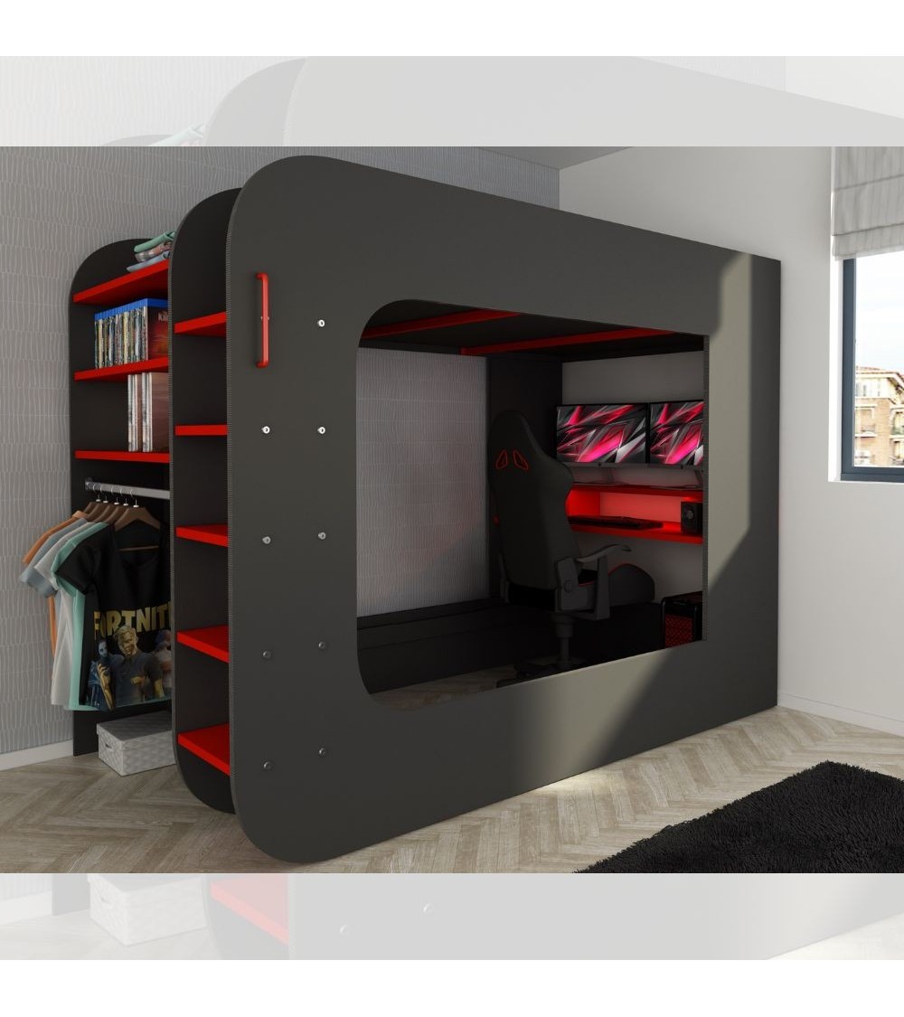 Letto a soppalco 5000 con postazione gamer reversibile antracite rosso