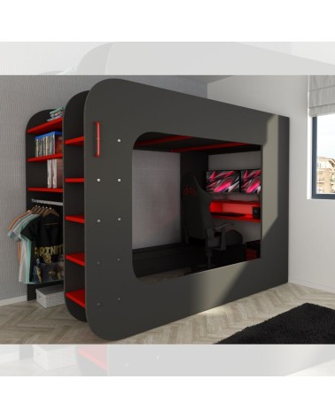 Letto a soppalco 5000 con postazione gamer reversibile antracite rosso