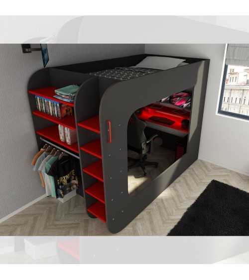 Letto a soppalco 5000 con postazione gamer reversibile antracite rosso