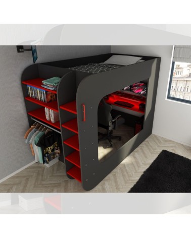 Letto a soppalco 5000 con postazione gamer reversibile antracite rosso