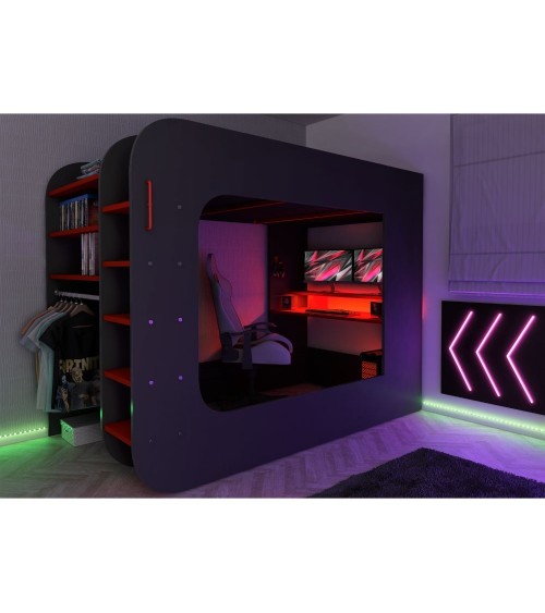 Letto a soppalco 5000 con postazione gamer reversibile antracite rosso