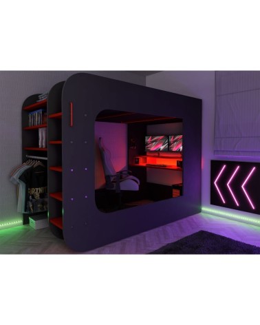 Letto a soppalco 5000 con postazione gamer reversibile antracite rosso