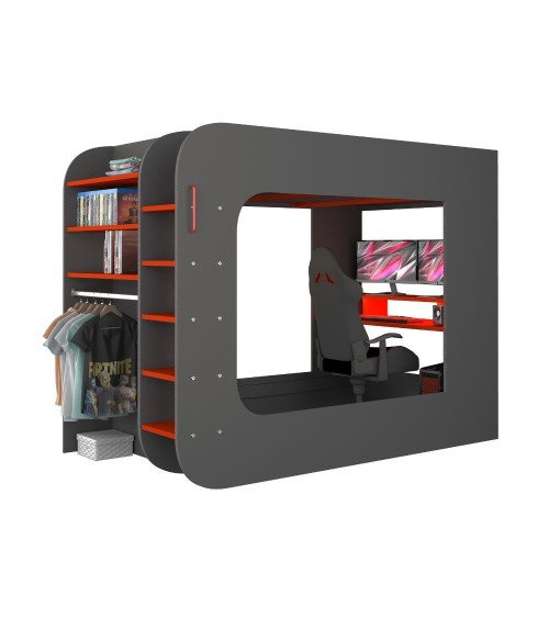 Letto a soppalco 5000 con postazione gamer reversibile antracite rosso