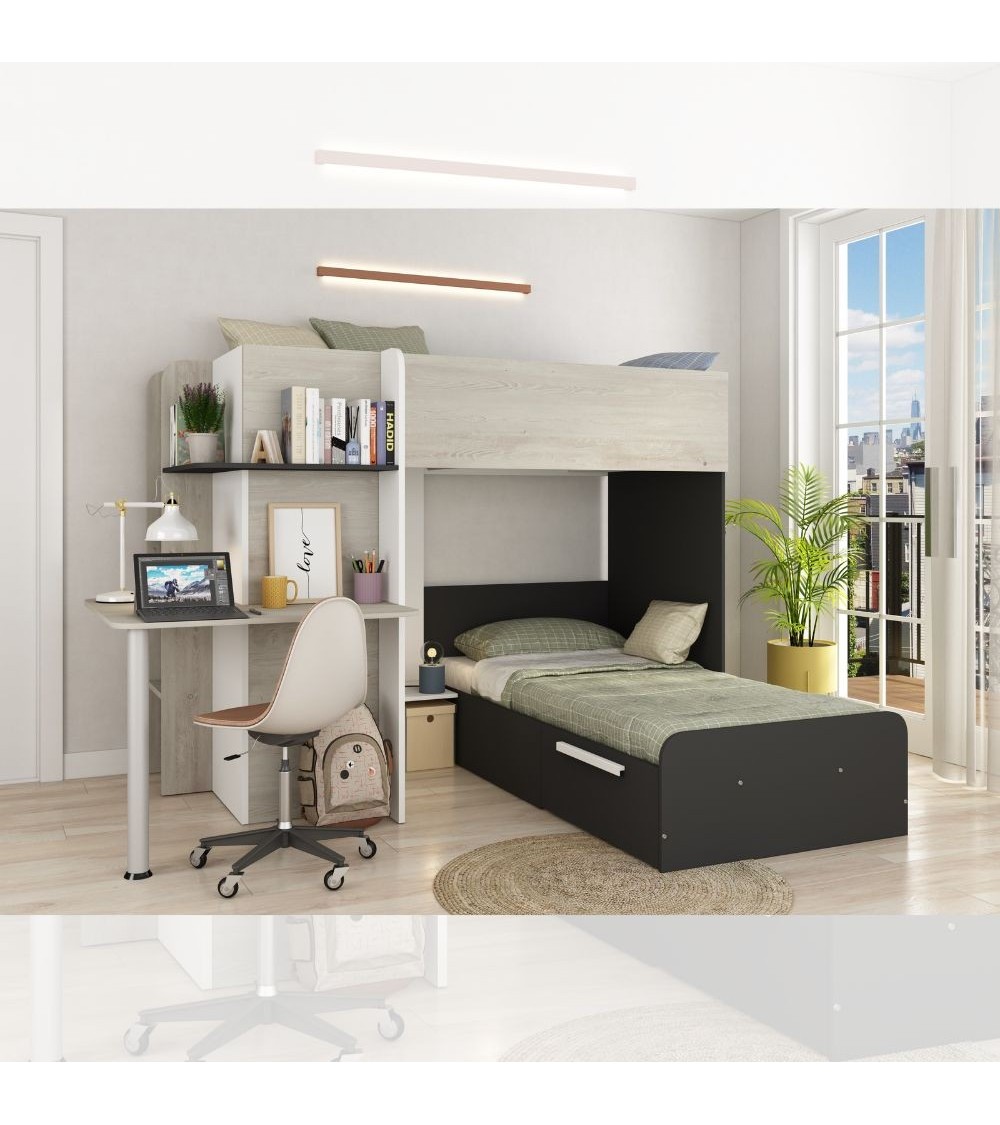 Letto a castello 6885 con scrivania reversibile bianco vintage antracite