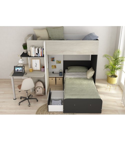 Letto a castello 6885 con scrivania reversibile bianco vintage antracite