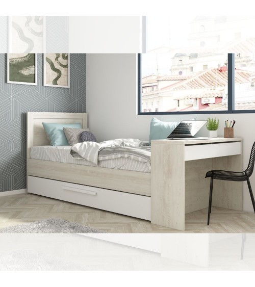 Letto 1950 con scrivania integrata e letto estraibile reversibile bianco vintage e bianco