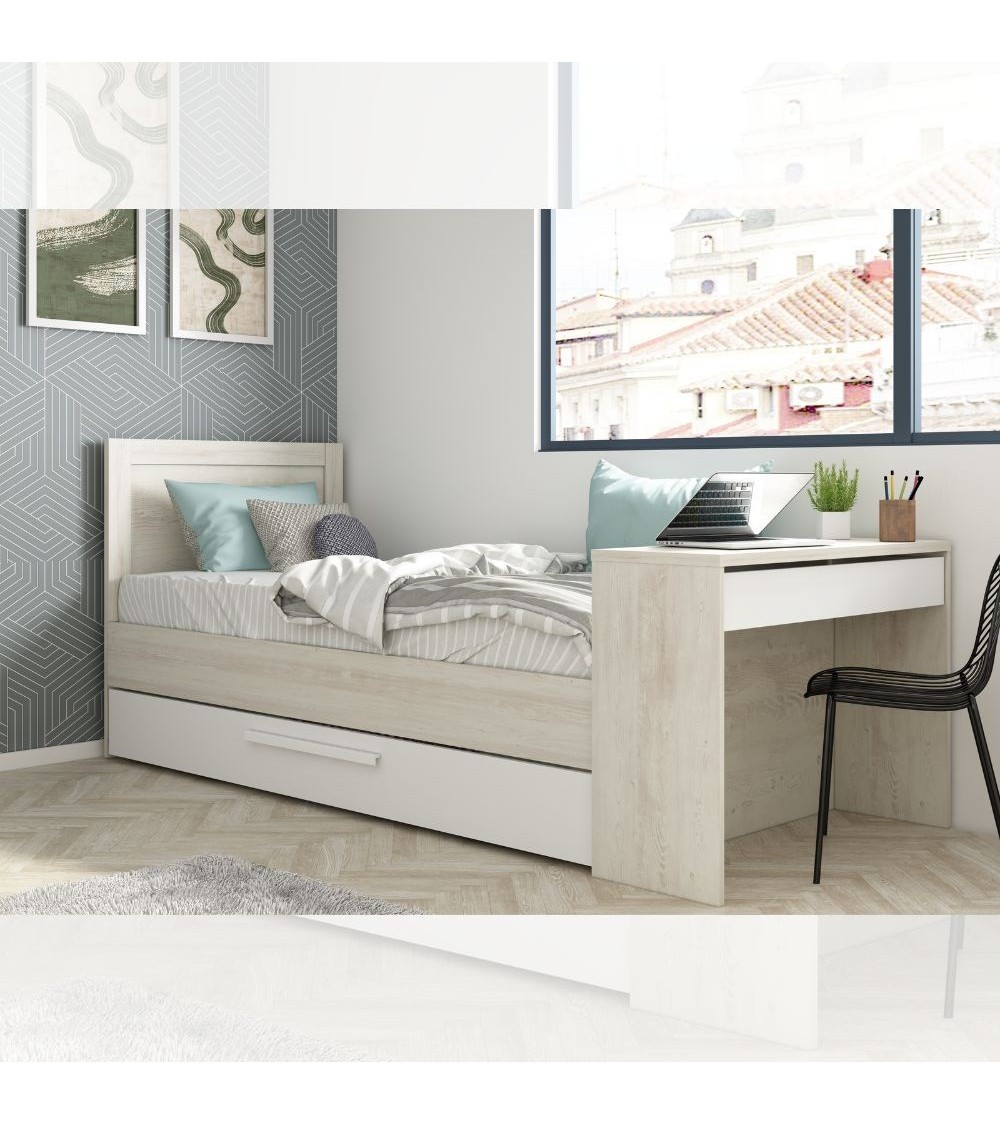 Letto 1950 con scrivania integrata e letto estraibile reversibile bianco vintage e bianco