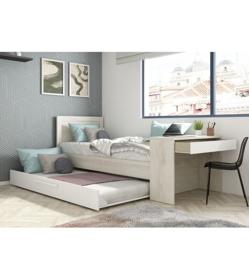Letto 1950 con scrivania integrata e letto estraibile reversibile bianco vintage e bianco