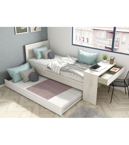 Letto 1950 con scrivania integrata e letto estraibile reversibile bianco vintage e bianco
