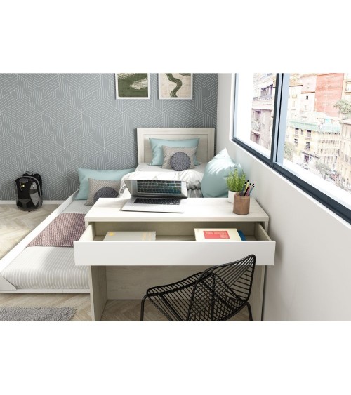Letto 1950 con scrivania integrata e letto estraibile reversibile bianco vintage e bianco