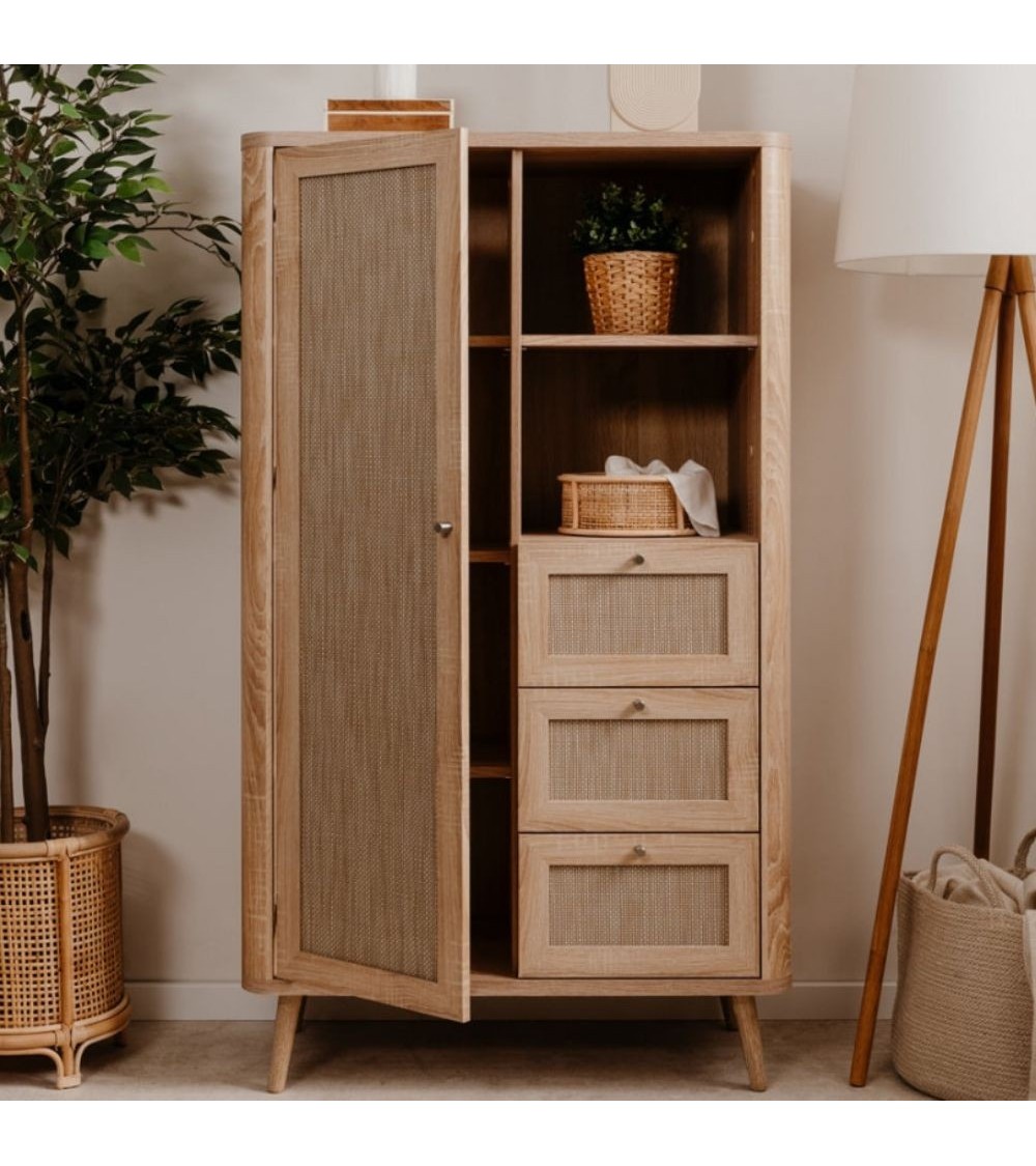 Credenza KUTA53 rovere sonoma 3 cassetti e anta effetto rafia