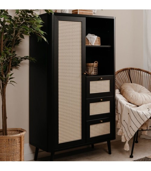 Credenza KUTA53 nera 3 cassetti e anta effetto rafia