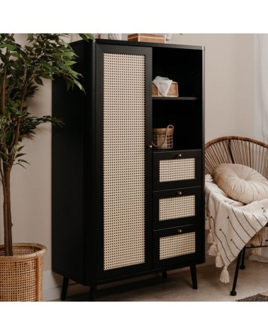 Credenza KUTA53 nera 3 cassetti e anta effetto rafia