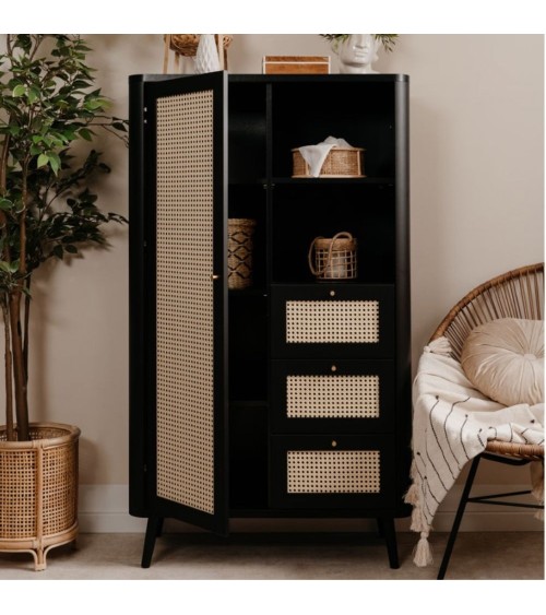 Credenza KUTA53 nera 3 cassetti e anta effetto rafia