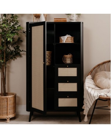 Credenza KUTA53 nera 3 cassetti e anta effetto rafia