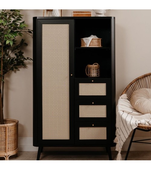 Credenza KUTA53 nera 3 cassetti e anta effetto rafia