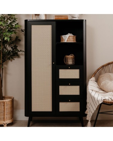 Credenza KUTA53 nera 3 cassetti e anta effetto rafia
