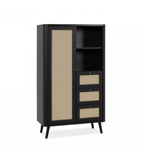 Credenza KUTA53 nera 3 cassetti e anta effetto rafia