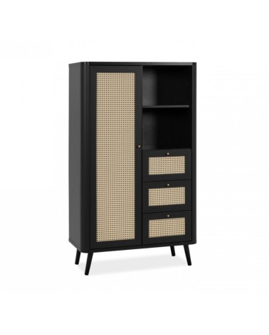 Credenza KUTA53 nera 3 cassetti e anta effetto rafia