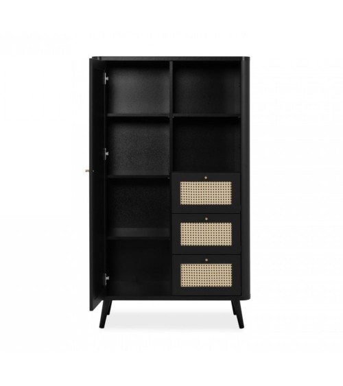 Credenza KUTA53 nera 3 cassetti e anta effetto rafia