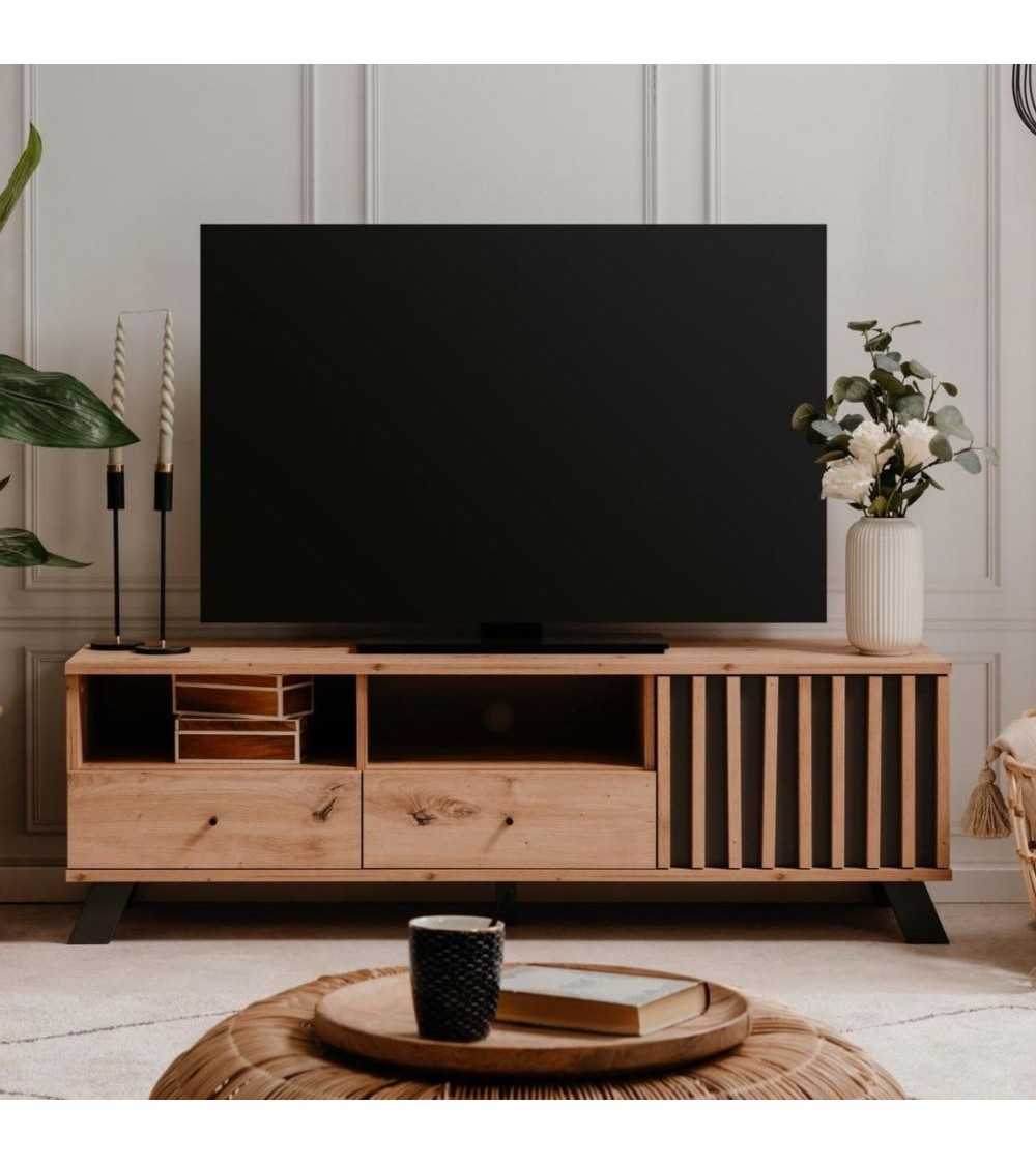 Porta TV Medan56A 2 cassetti e anta con vani a giorno rovere antracite