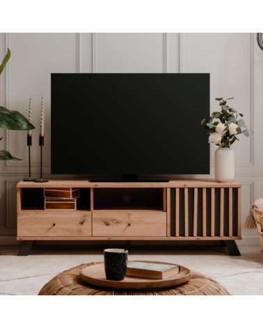 Porta TV Medan56A 2 cassetti e anta con vani a giorno rovere antracite
