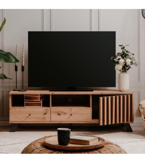 Porta TV Medan56A 2 cassetti e anta con vani a giorno rovere antracite
