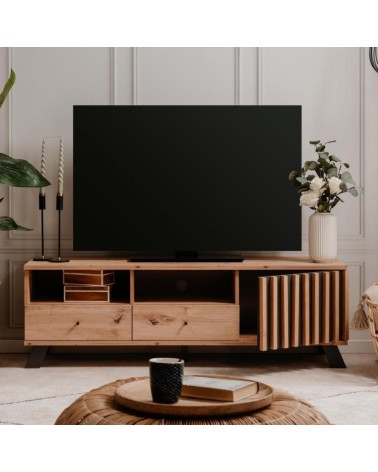 Porta TV Medan56A 2 cassetti e anta con vani a giorno rovere antracite