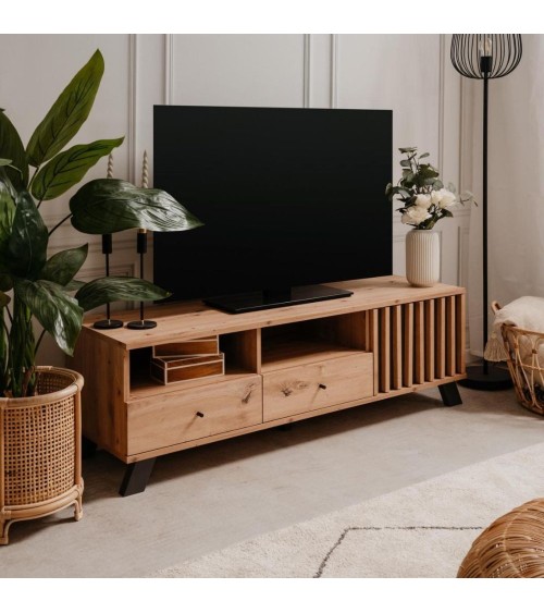 Porta TV Medan56A 2 cassetti e anta con vani a giorno rovere antracite
