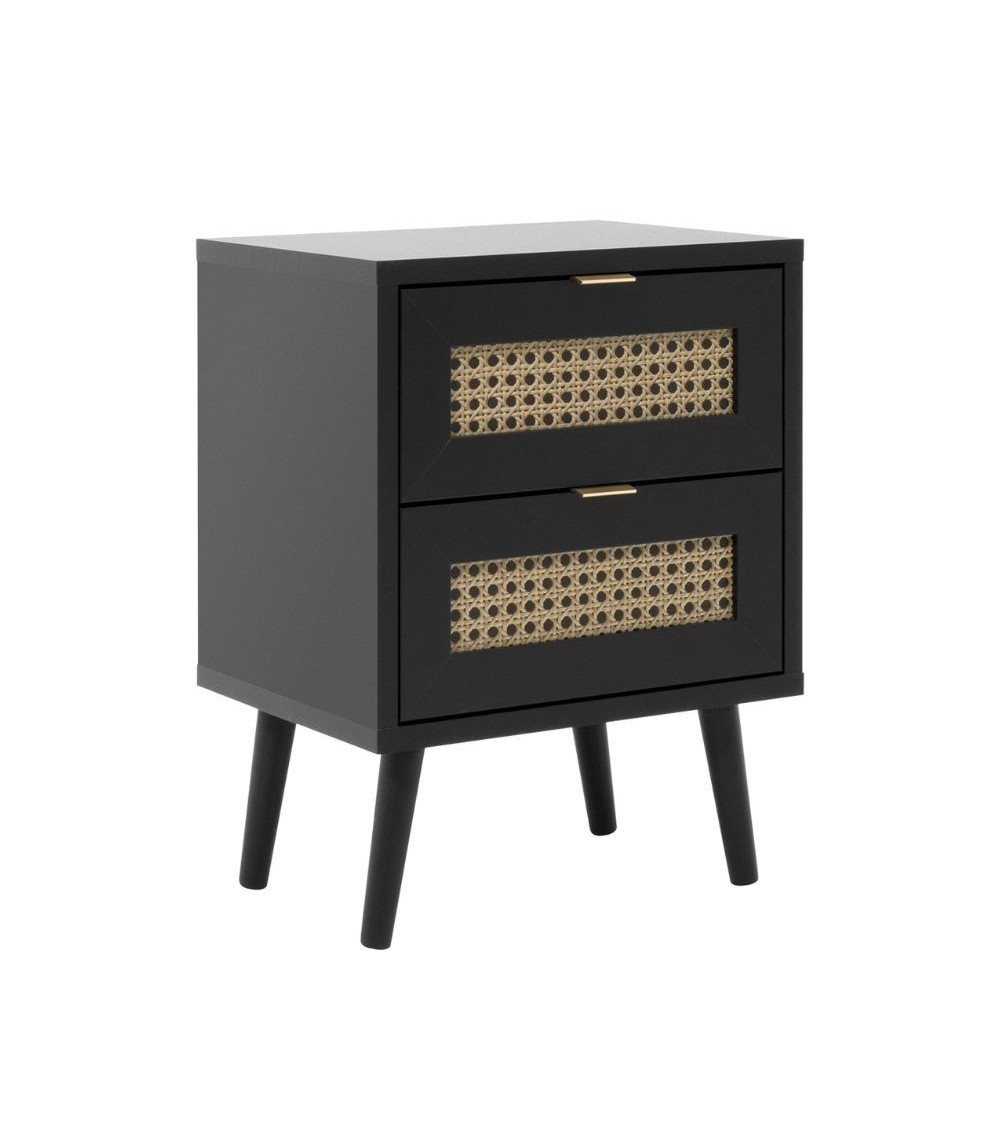 Comodino Vienna61A 2 cassetti nero con frontali effetto vimini