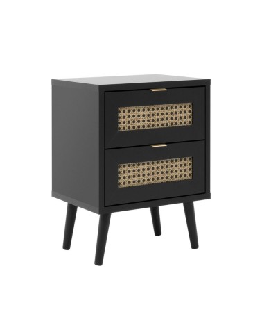 Comodino Vienna61A 2 cassetti nero con frontali effetto vimini