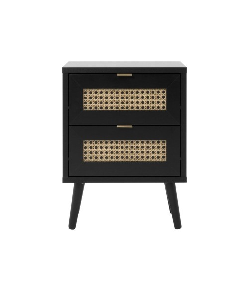 Comodino Vienna61A 2 cassetti nero con frontali effetto vimini