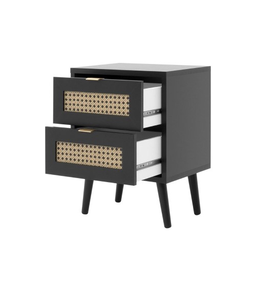 Comodino Vienna61A 2 cassetti nero con frontali effetto vimini