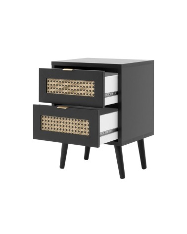 Comodino Vienna61A 2 cassetti nero con frontali effetto vimini