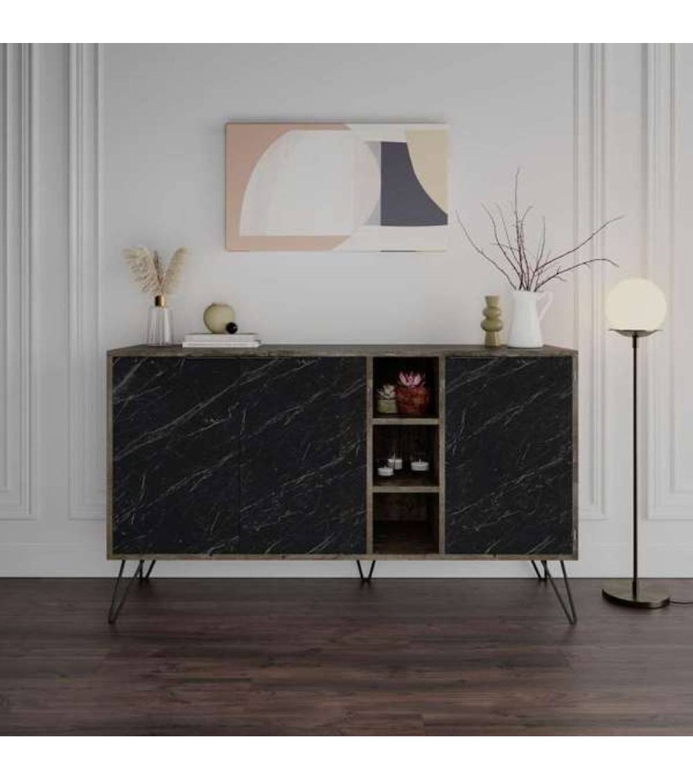 Madia Clara Bendir dark coffe 3 ante effetto marmo nero 142x35,6x83h