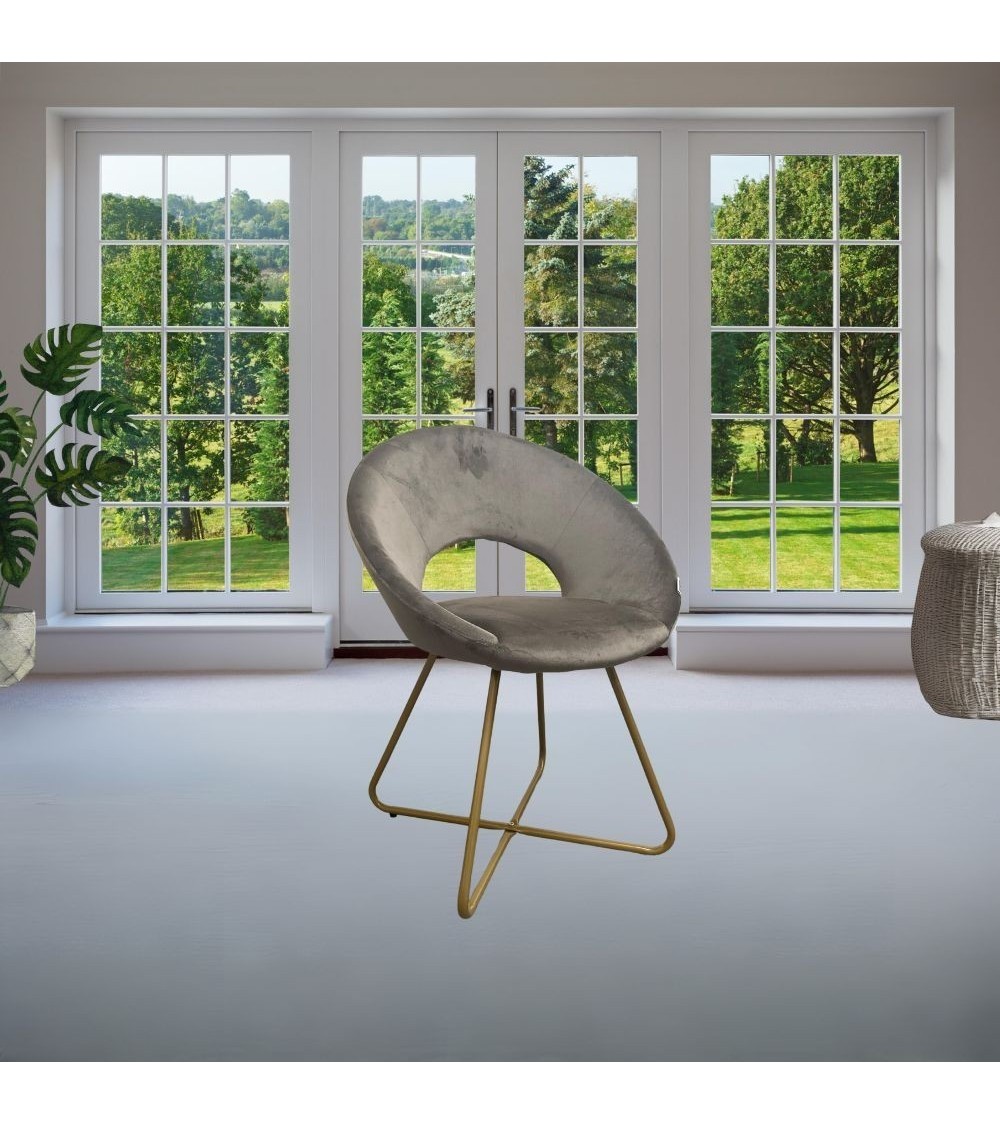 Poltroncina Etere in velluto grigio con gambe in metallo dorato set 2 pezzi