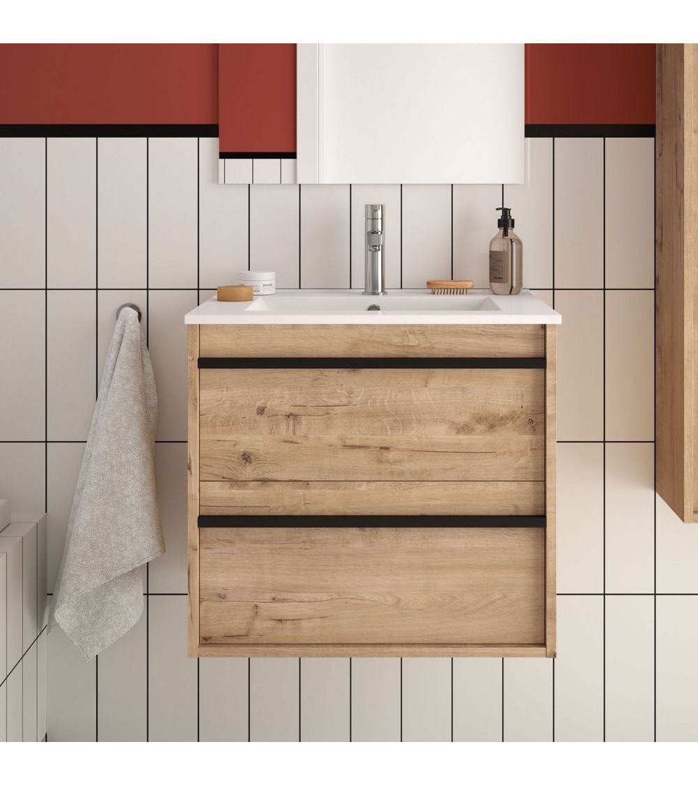 Mobile bagno sospeso Ador60 rovere ostippo con lavabo 2 cassetti 60x45x54h
