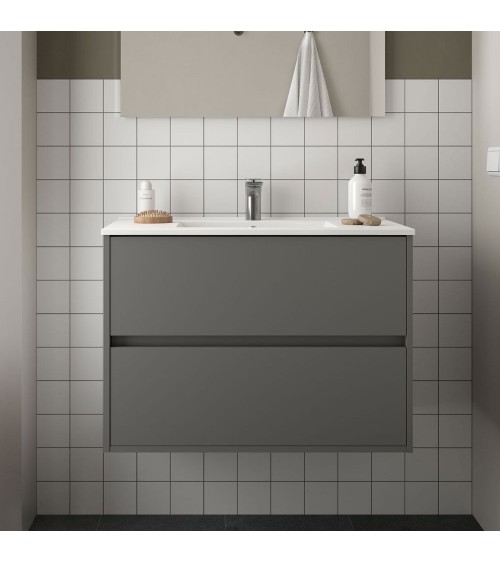 Mobile bagno sospeso Claros80 grigio opaco con lavabo 2 cassetti 80x45x56h